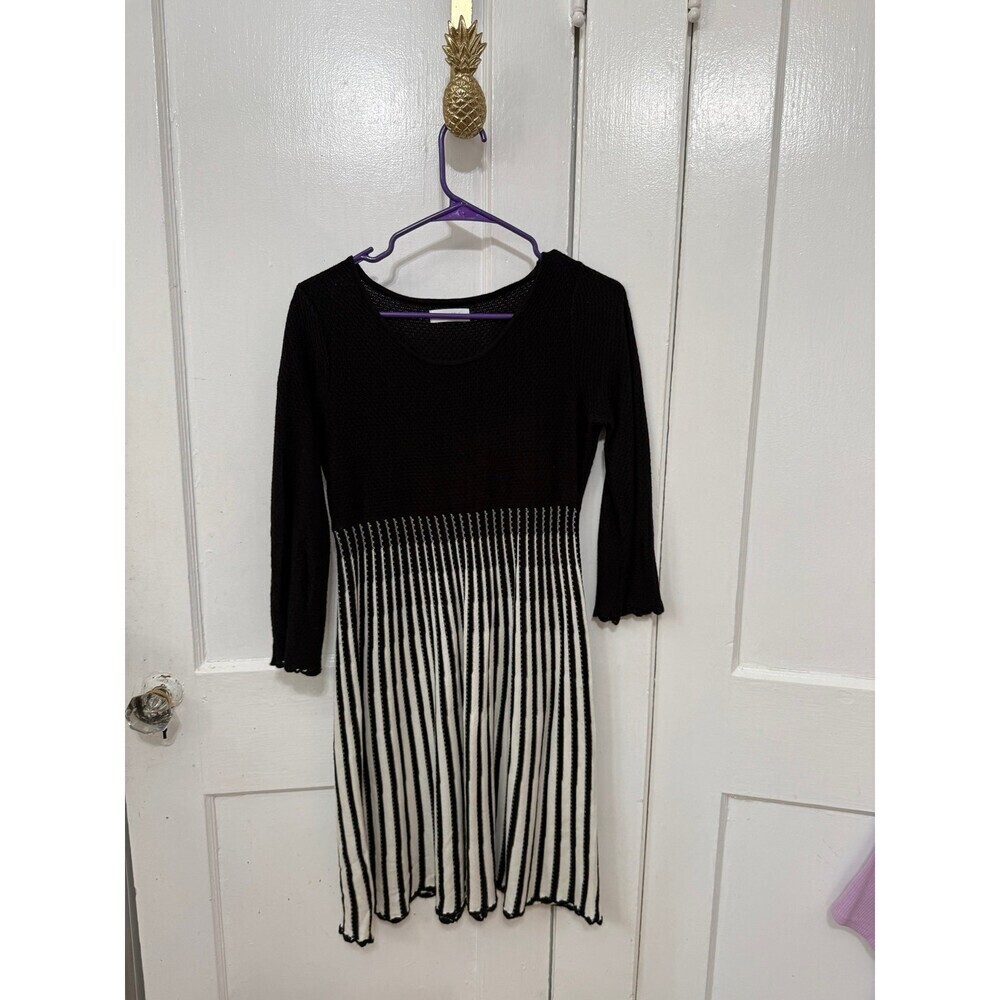 Calvin Klein Black Knit Fit & Flare Dress with Striped Skirt